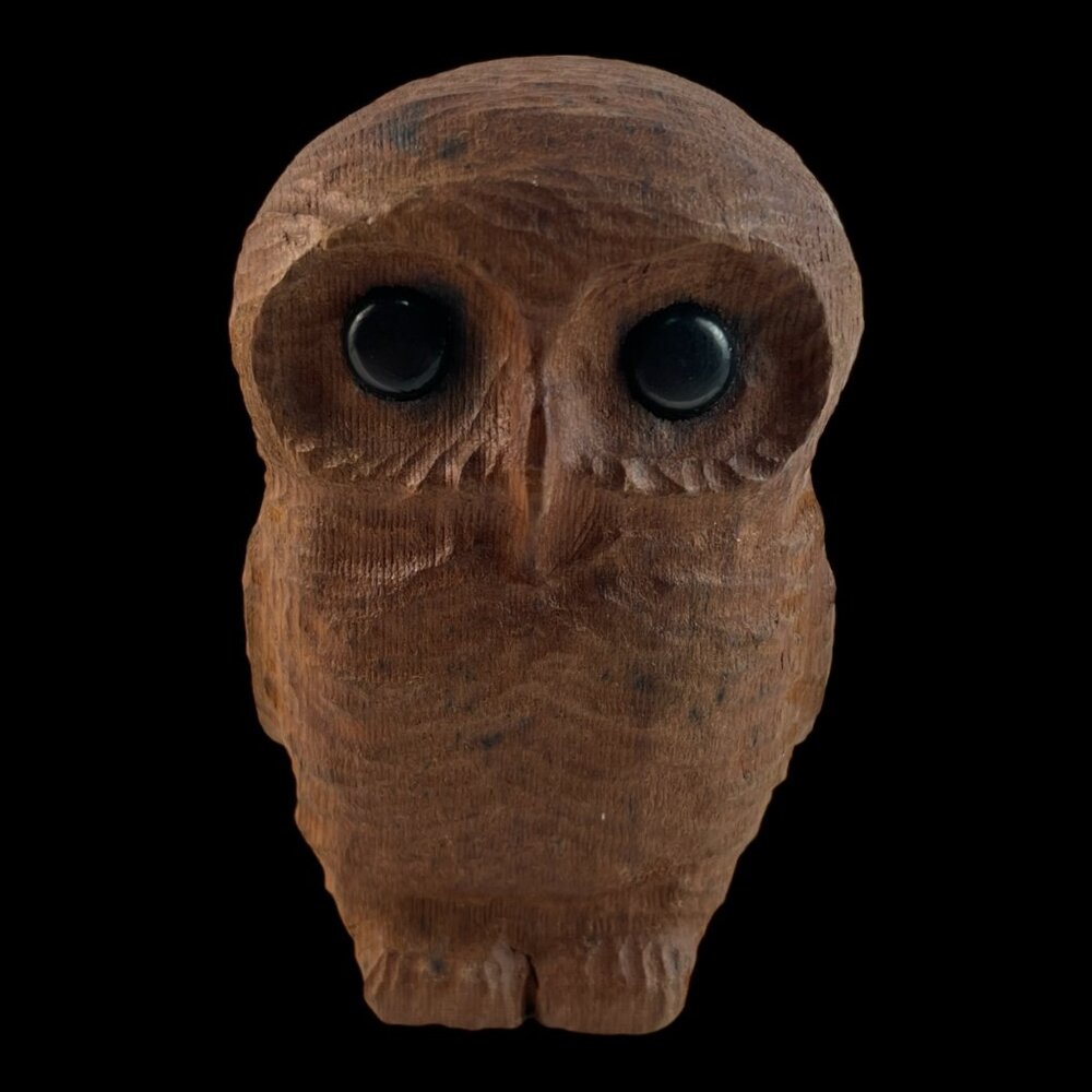 Vintage  Baby Owl Hand Carved California Redwood Figurine Mid Century Woodland